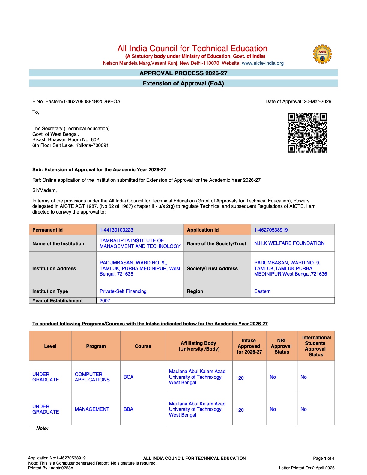 AICTE Extension of Approval 2026-27 Page 1